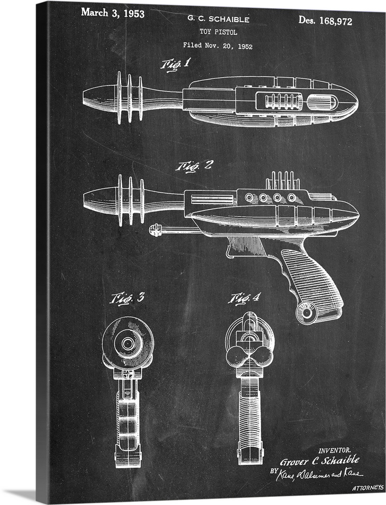 Black and white diagram showing the parts of a toy pistol.