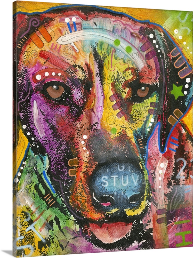 Colorful painting of a Retriever with graffiti-like designs all over.