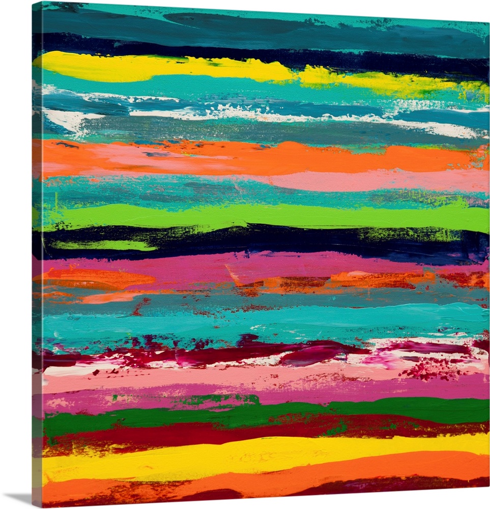 A contemporary abstract painting using vibrant colors in horizontal stripes.