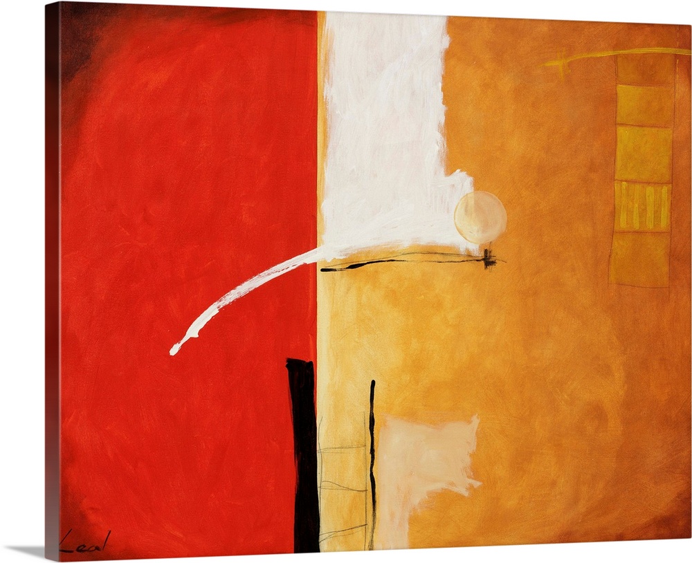 Abstract painting with tones of red, white, black and yellows.