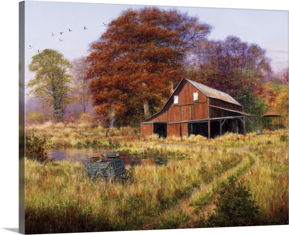 Red barn by pond in field with geese flying south in formation aboveautumn, fall, foliage.