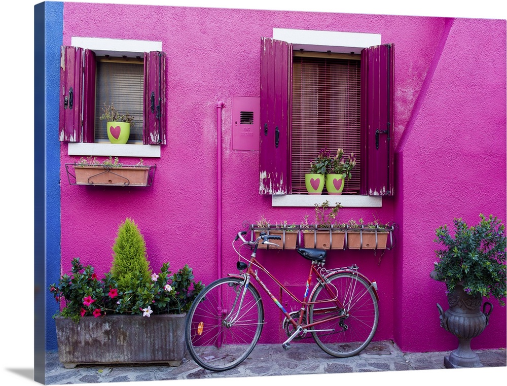 Photograph of a red bicycle leaning up against a bright pink and blue wall with cute windows and decorative plants and flo...