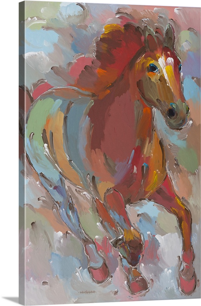 Colorful contemporary painting of a galloping horse.