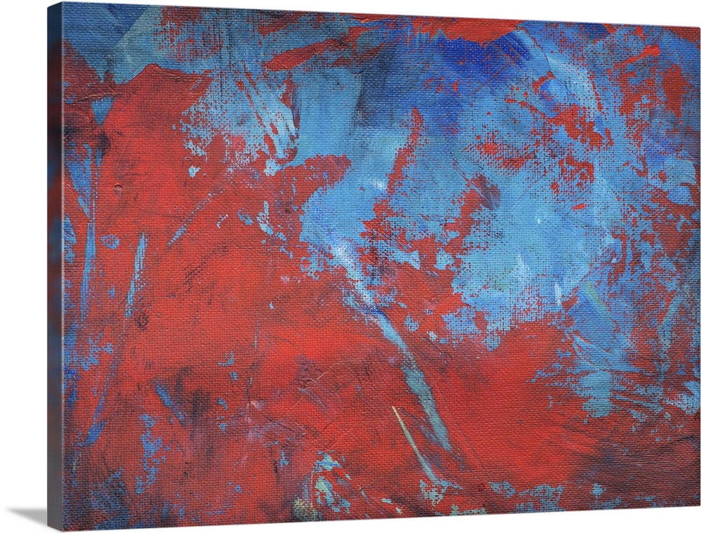 Abstract painting with red and blue intermingling.
