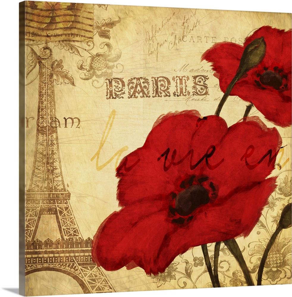 Square art with red poppies and a sepia toned Paris themed background with a postage stamp at the top left corner.