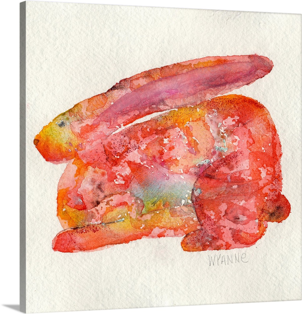 A watercolor rabbit in shades of red and orange.
