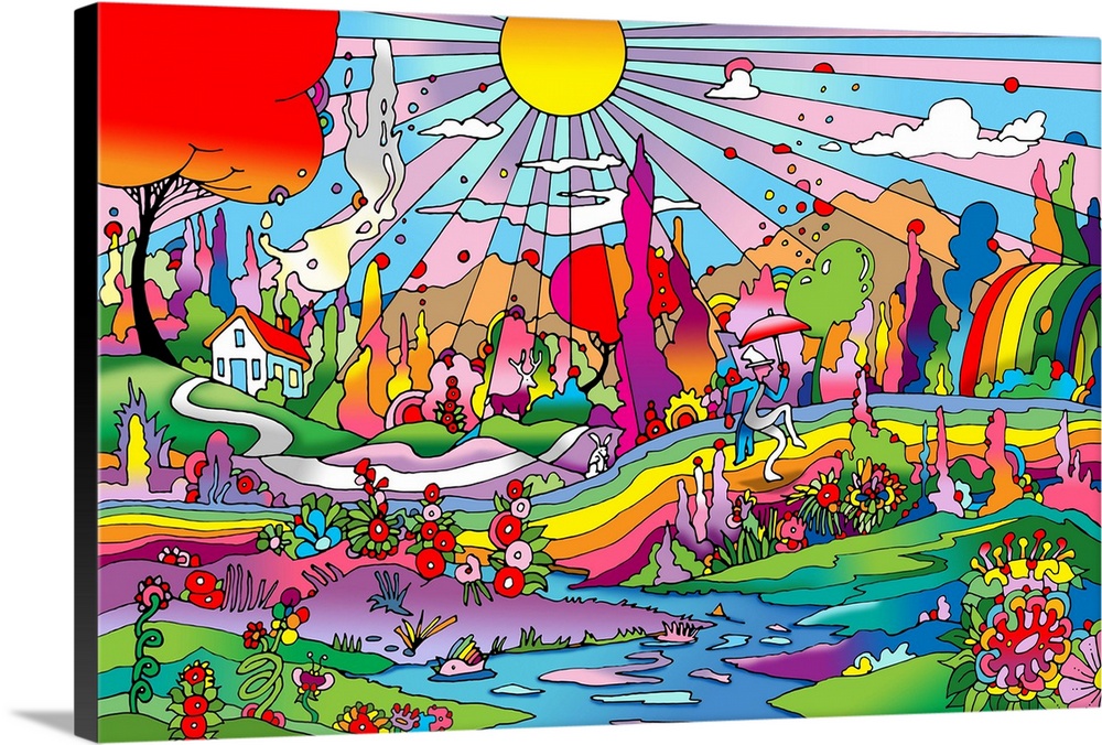 Digital artwork of the sun shining down on a rainbow landscape with a small house and a stream.