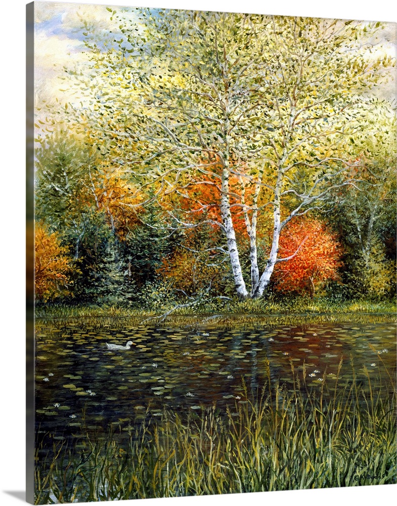Contemporary artwork of autumn trees reflecting in pond