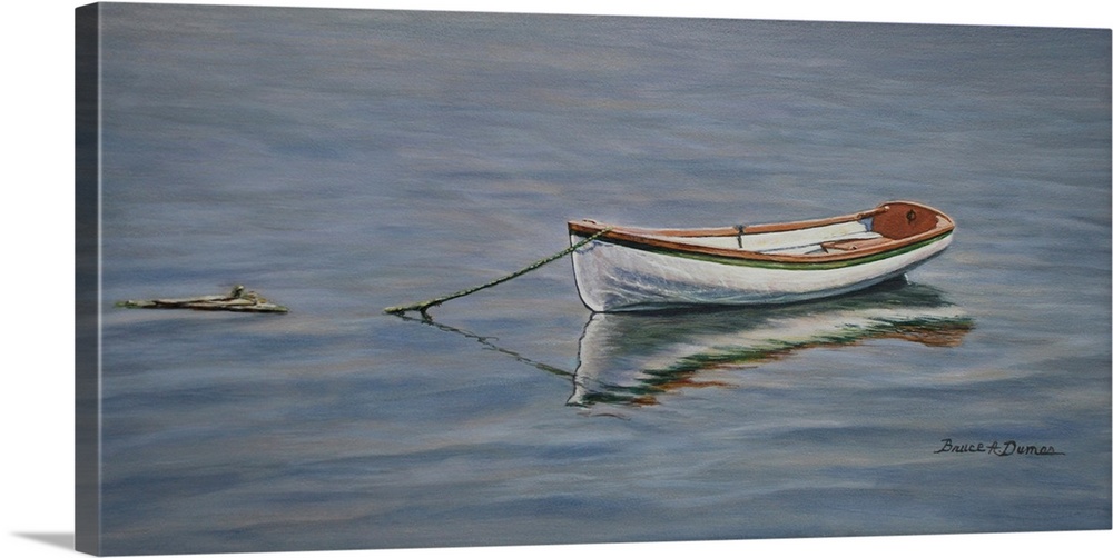 Contemporary artwork of small boat in the water.