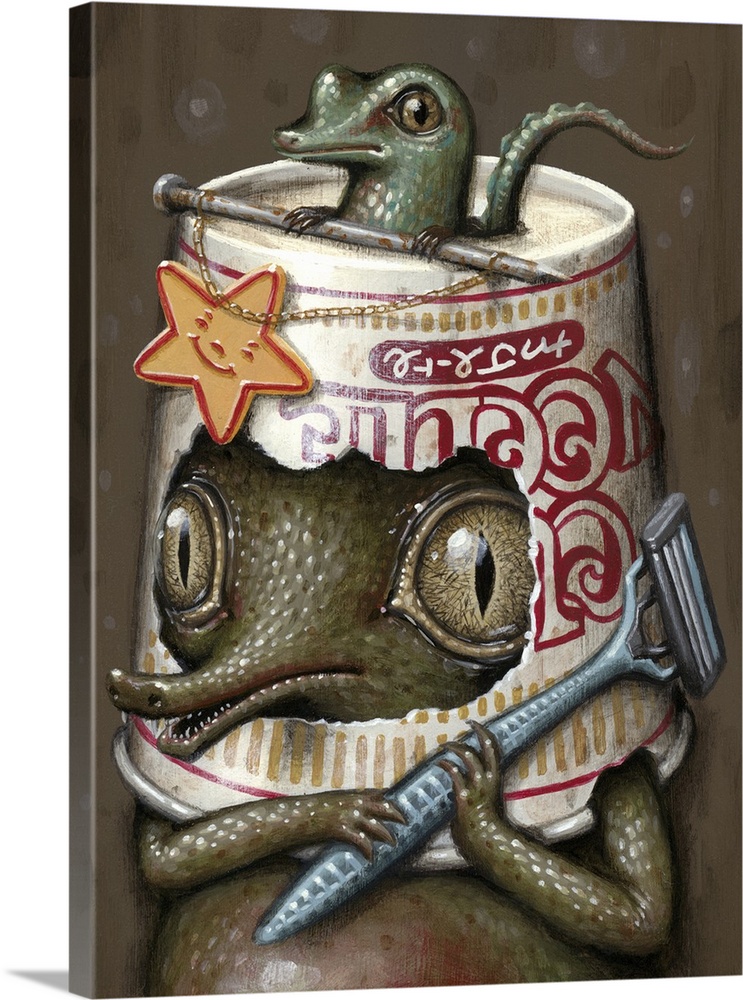 Surrealist painting of an alligator wearing a cup-o-noodles container for a hat and holding a disposable razor, with a lit...