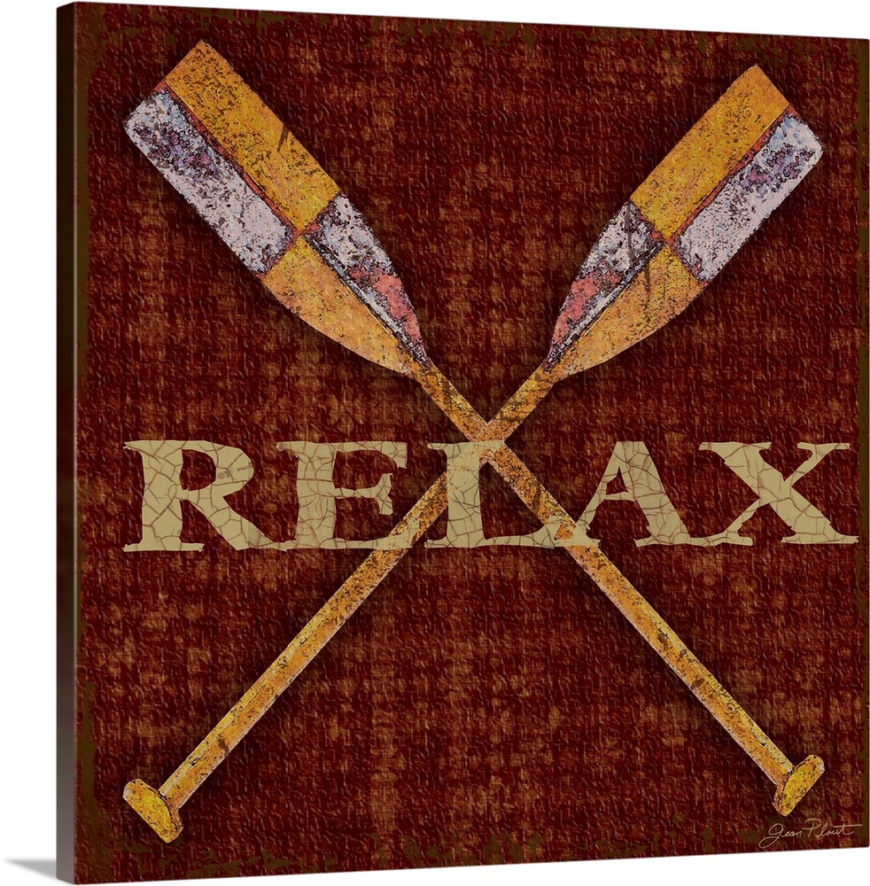 Home decor artwork of crossed rowboat oars against a dark red background with the word Relax in gold lettering.