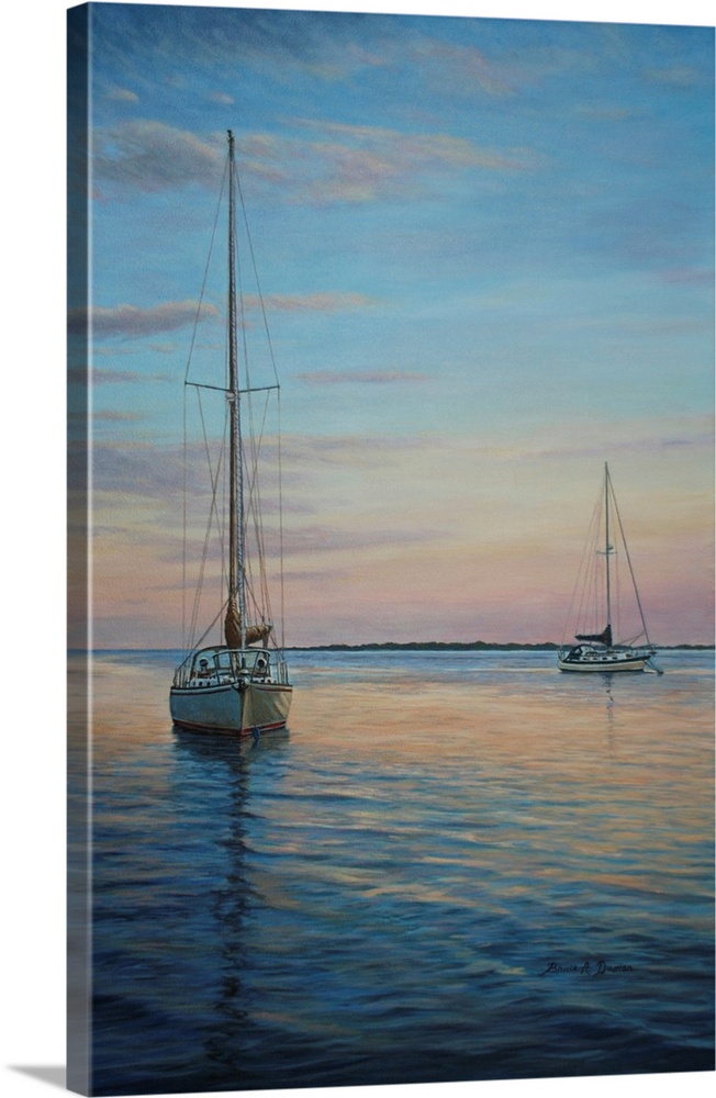 Contemporary artwork of two sailboats with the sails down.