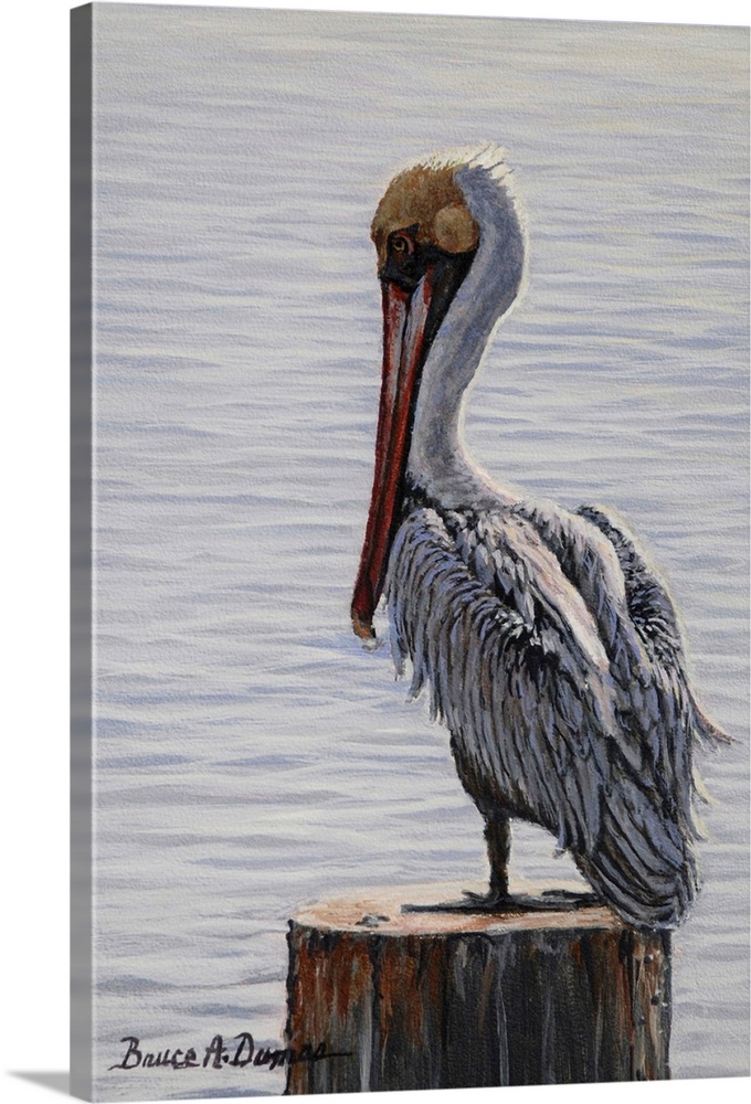 Contemporary artwork of a brown pelican on a post.