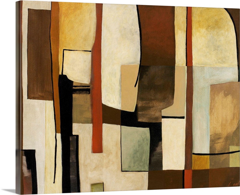 Contemporary abstract painting warm and cool tones in geometric shapes.