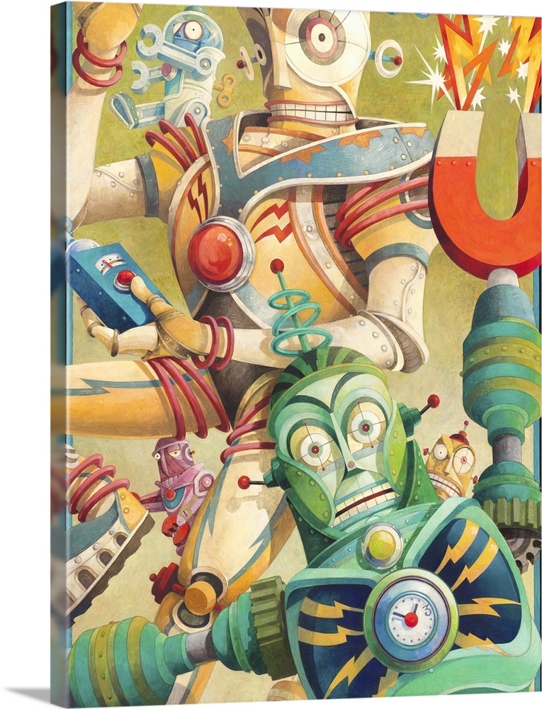 Contemporary artwork of elaborate and colorful looking robot characters.