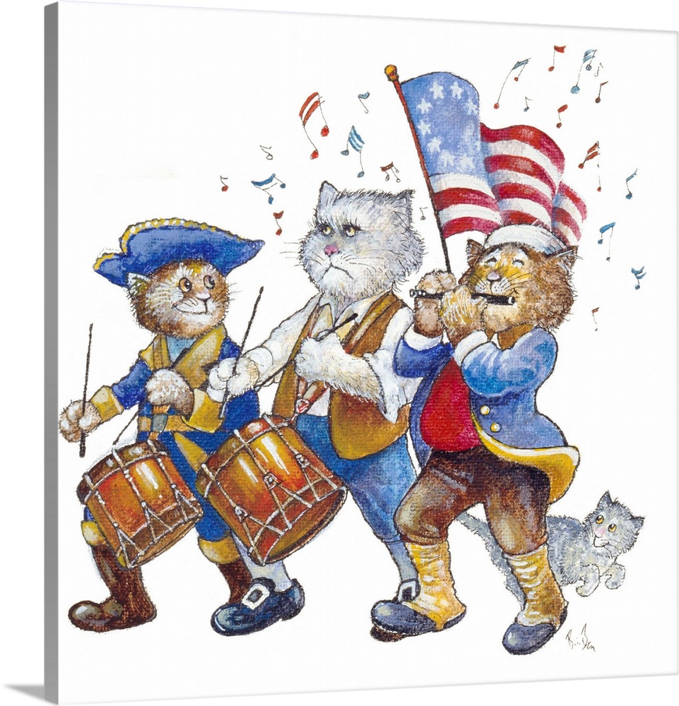 Three revolutionary cats march while playing the drums and fife in uniform.