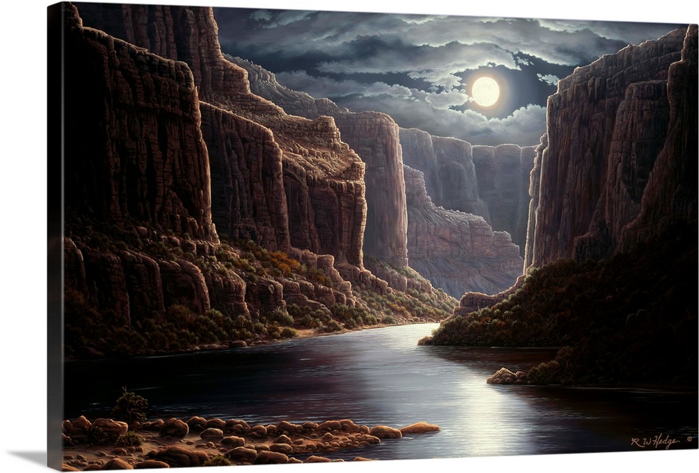 Contemporary landscape painting of the Grand Canyon under the moonlight.