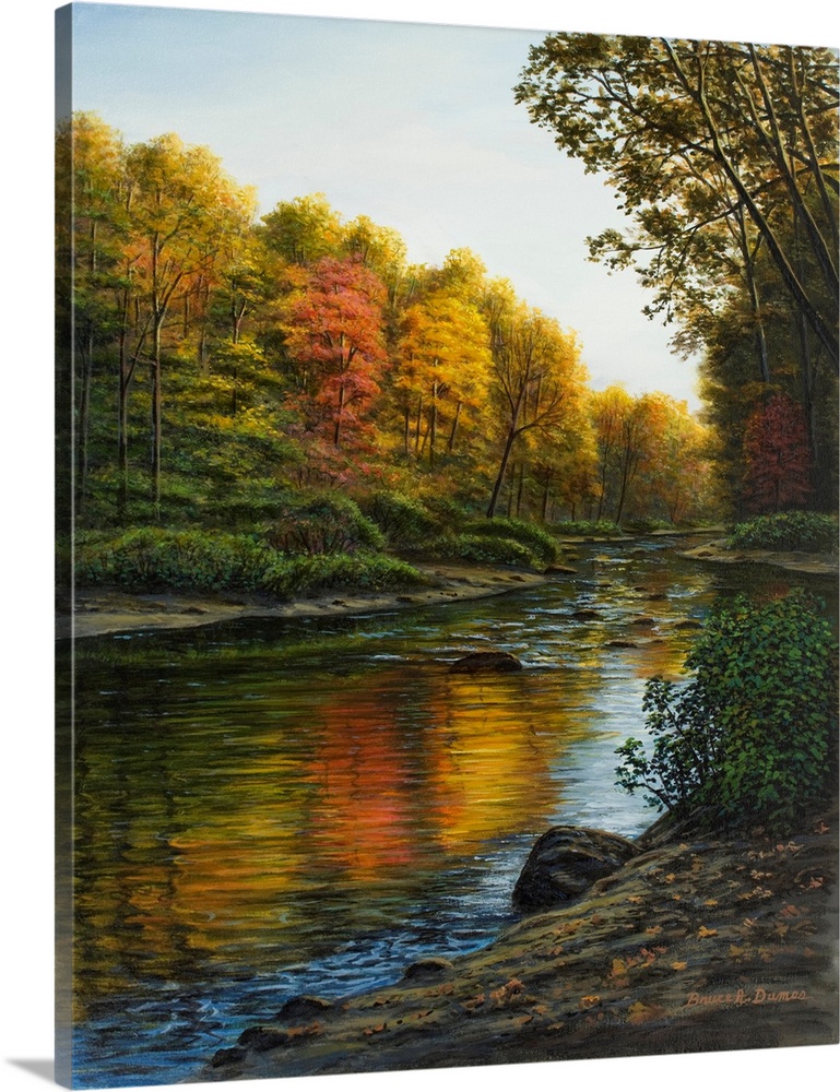 Contemporary artwork of a river in the fall.