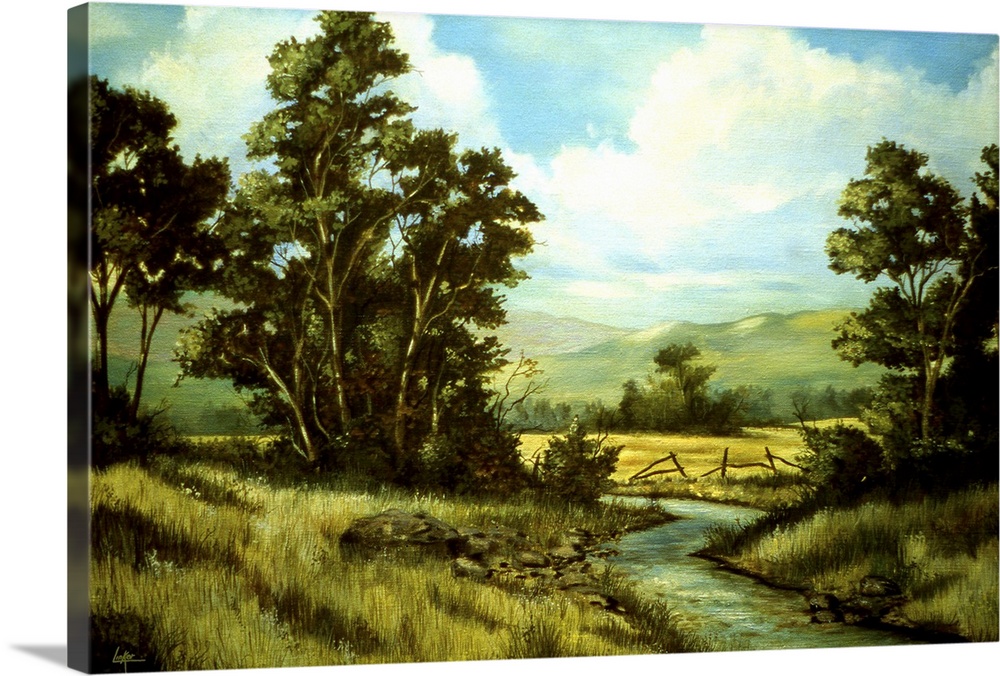 Contemporary painting of a stream cutting through a grove.