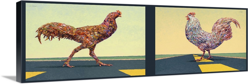 Matching paintings of two chickens in the middle of the street.