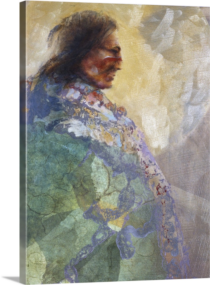 A contemporary painting of a Native American man draped in colorful robes.