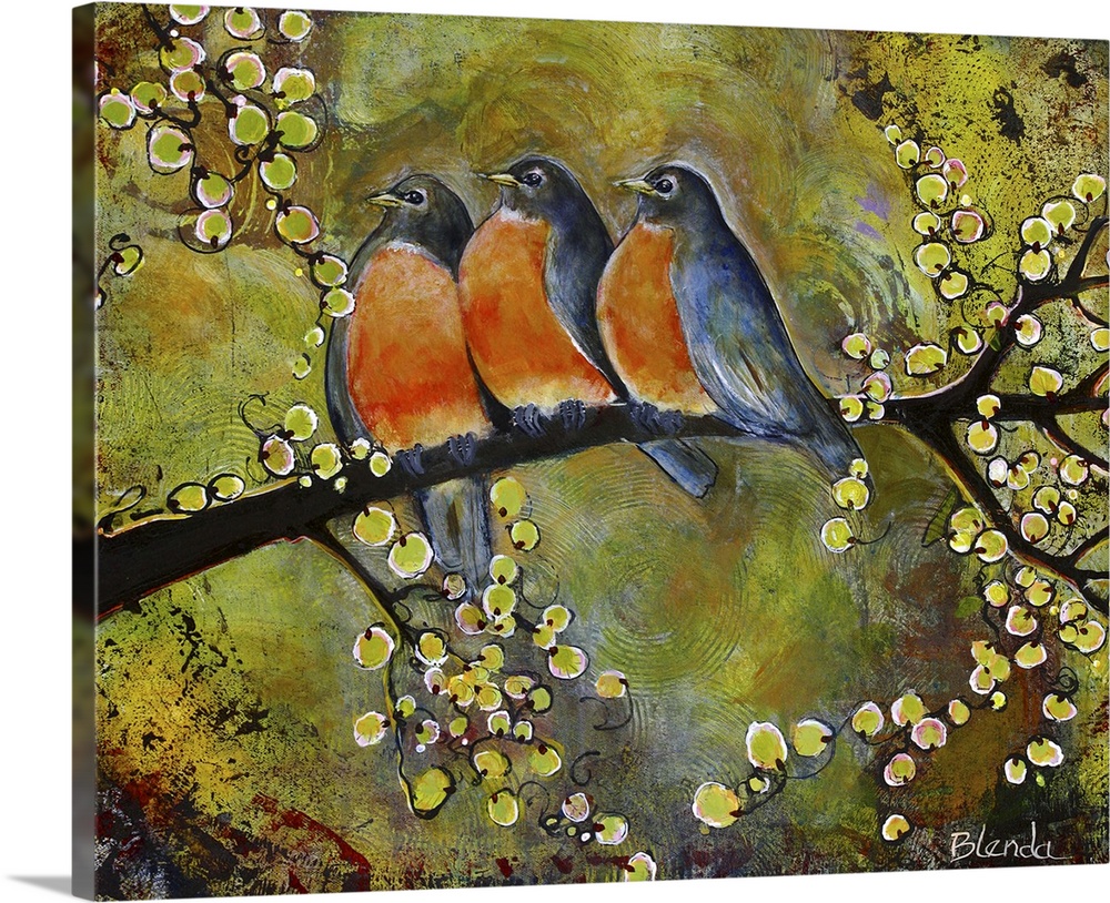 Lighthearted contemporary painting of three bluebirds perched on a branch together.
