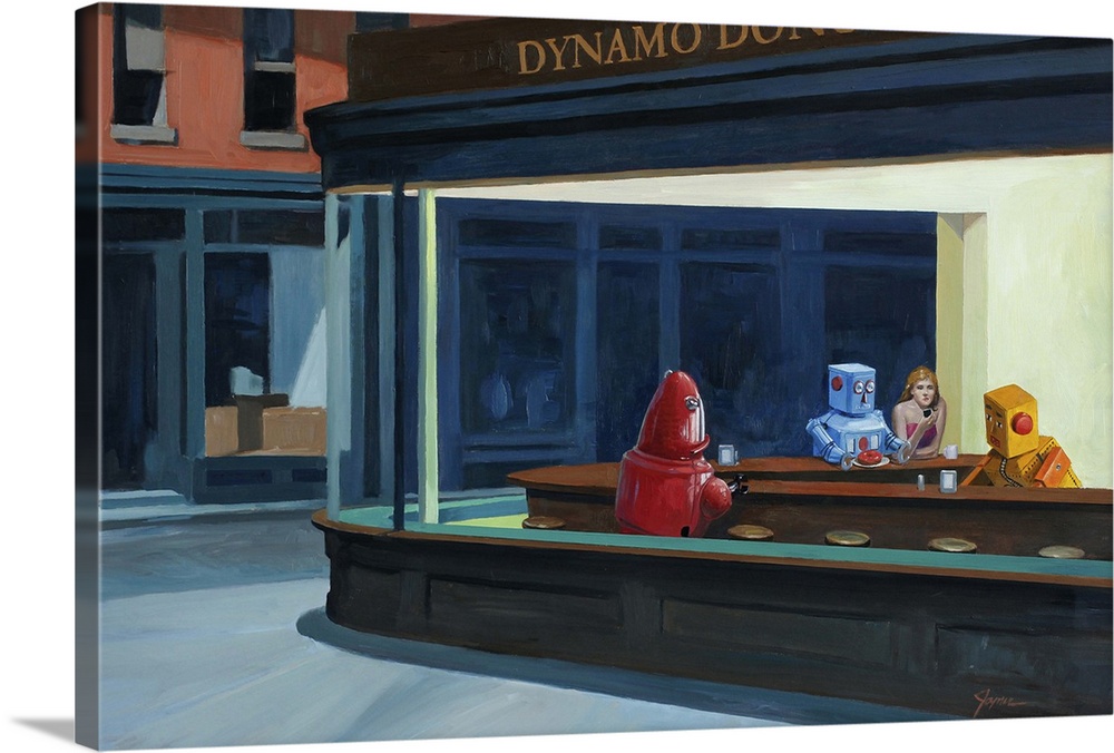A contemporary painting of retro toy robots sitting in a donuts shop at night recreating a famous painting.