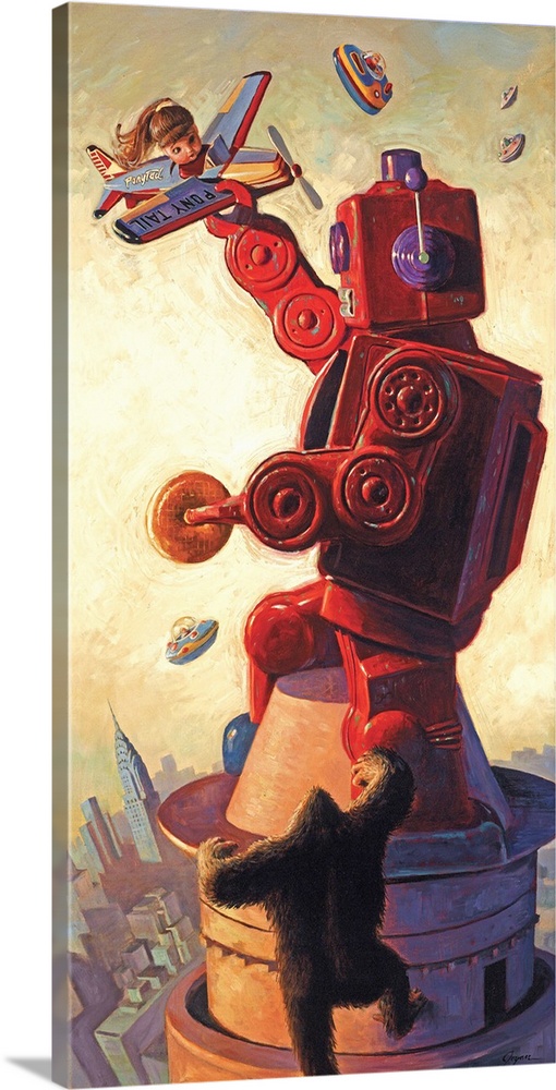 A contemporary painting of a giant red retro toy robot atop a skyscraper holding a donut and fighting off a toy planes.