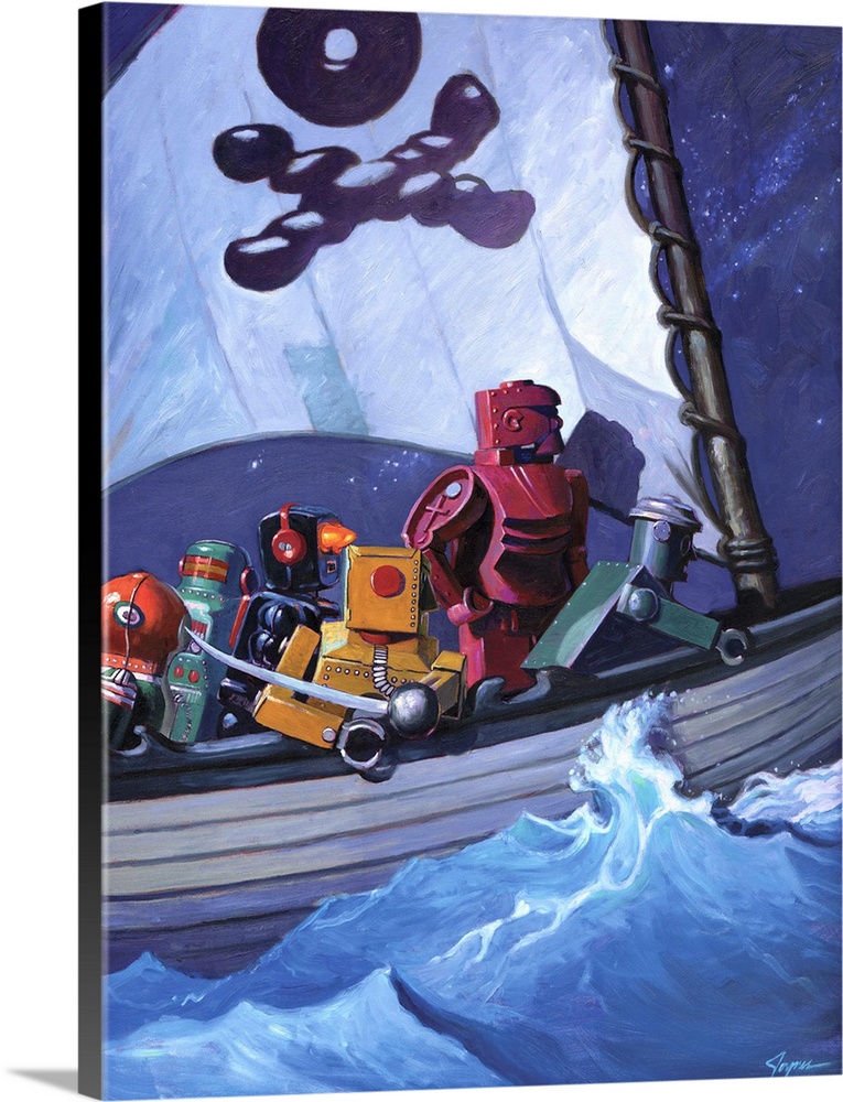 A contemporary painting of a pirate ship with different colored retro toy robots sailing the high seas.