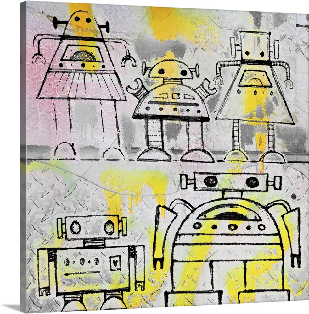 Cute painting of a robot family made of simple lines and shapes.