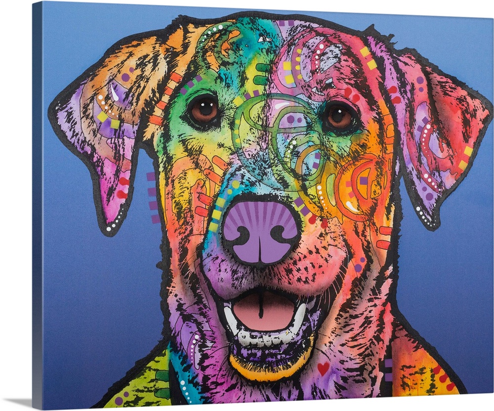 Colorful painting of a happy Labrador with abstract designs on a blue background.