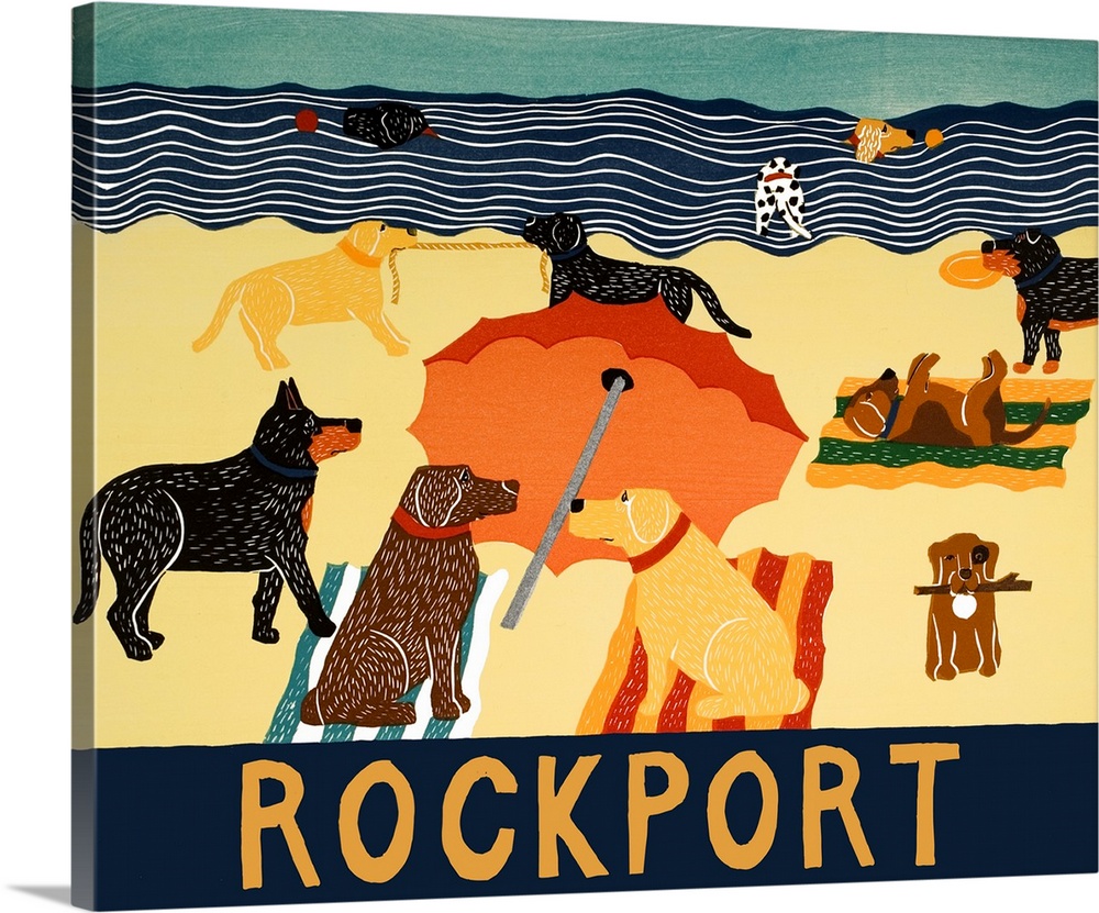 Illustration of multiple breeds of dogs having a beach day with "Rockport" written on the bottom.