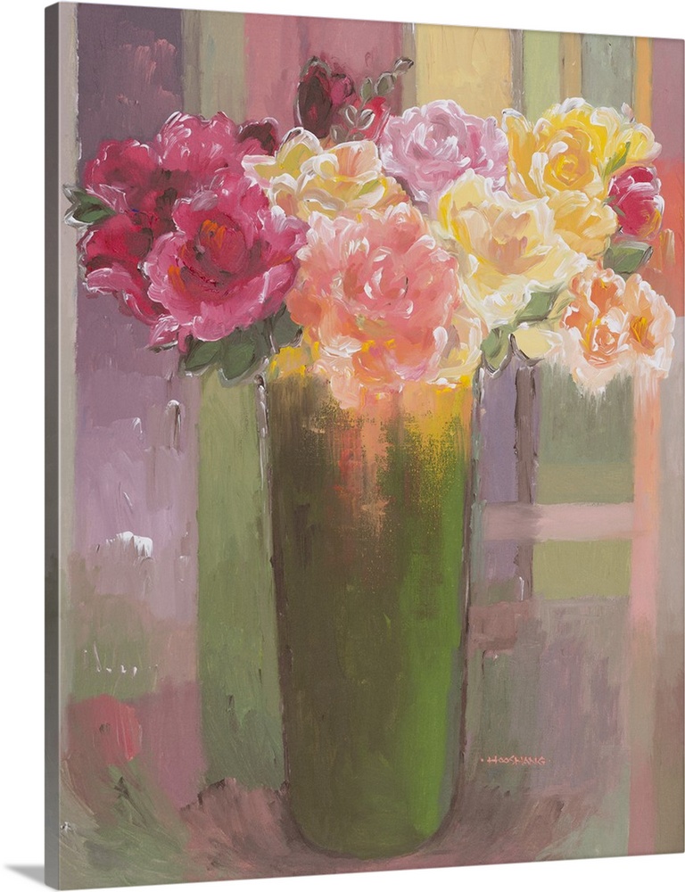 Colorful contemporary painting of a variety of flowers in a vase with a multicolored background.