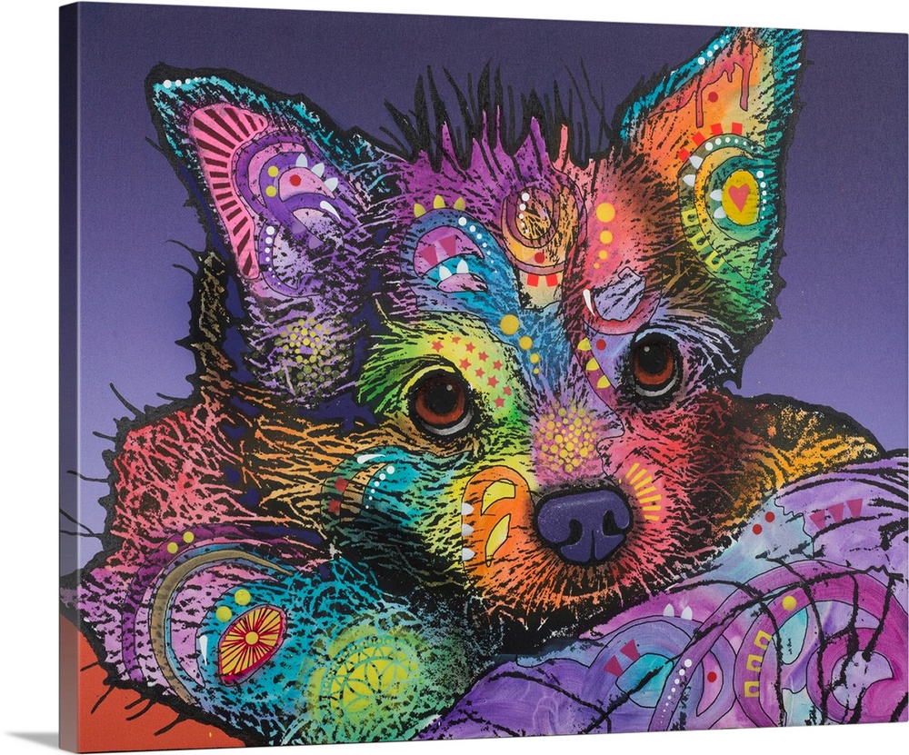 Colorful painting of a puppy with graffiti-like designs laying down with a purple background.