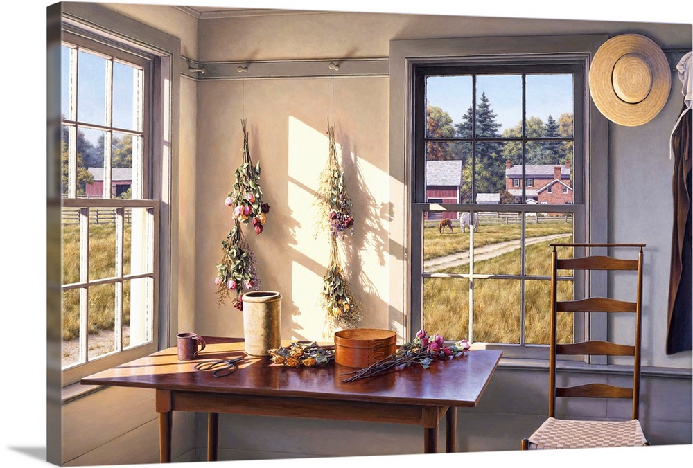 Sun filled room with bouquets of roses drying on the wall and table, can see farm and horse out window.