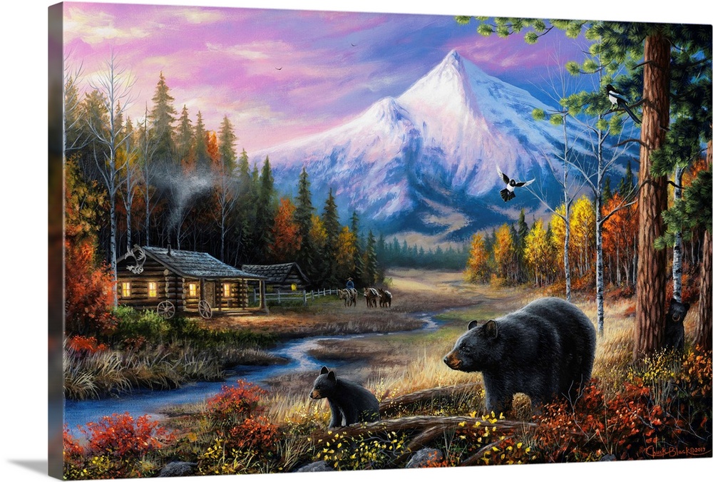 Contemporary landscape painting of a cabin the the woods with mountains in the background and two black bears in the foreg...