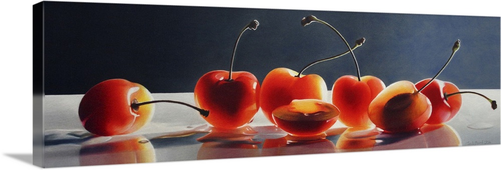 Contemporary vivid still-life artwork of red cheery's on a white surface with sunlight illuminating them.