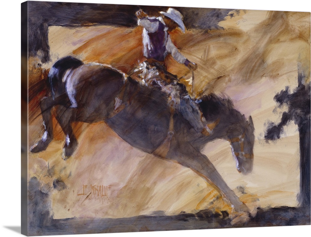 Contemporary western theme painting of a cowboy riding a bucking bronco.