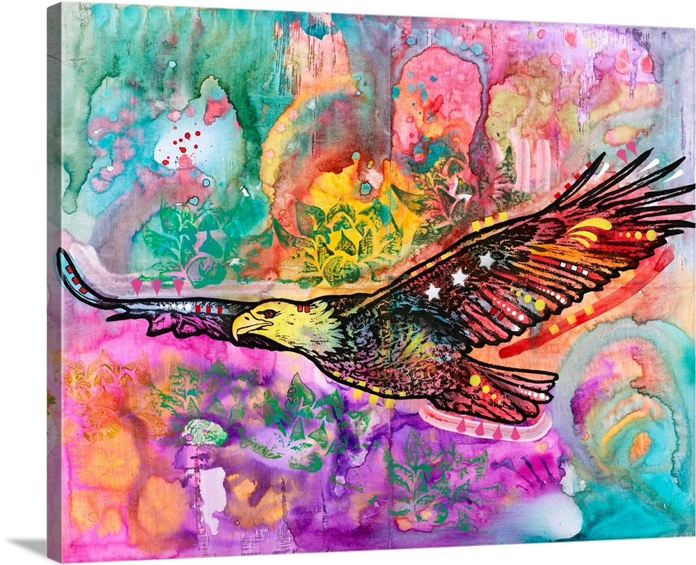 Colorful painting of an eagle flying and surrounded by abstract designs.