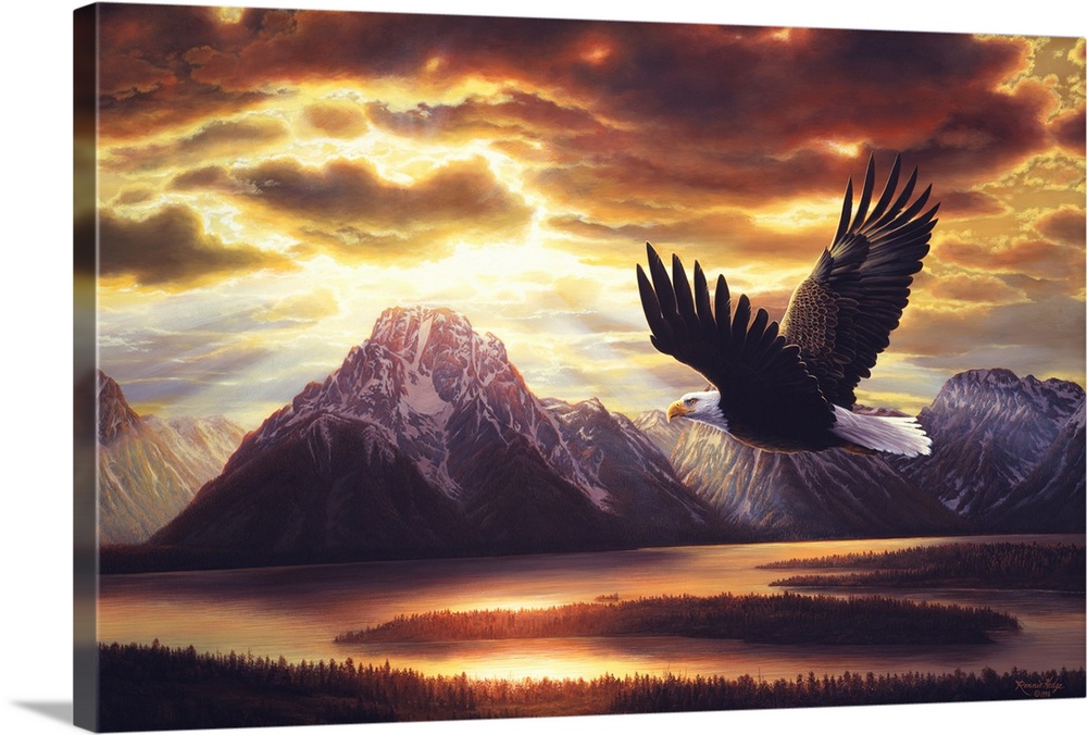 An eagle flies near a mountain range at sunset, with sunlight filtering through the dark clouds.