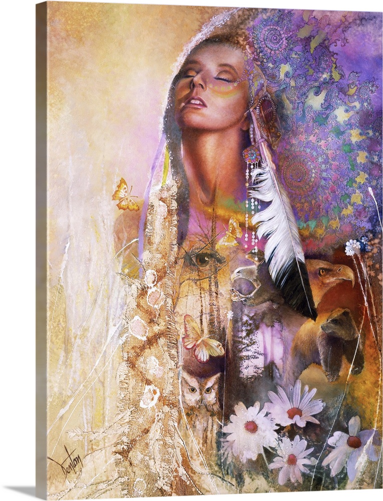 A contemporary painting of a Native American woman surrounded by colorful fractal and nature elements.