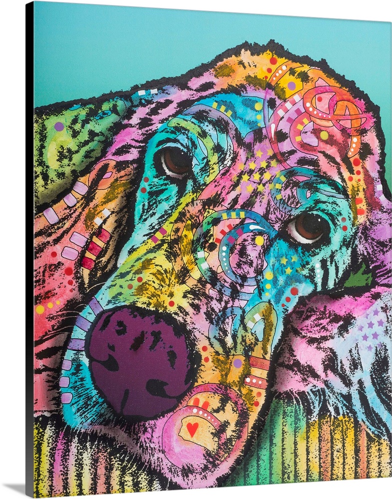 Pop art style painting of an Irish Setter resting its head with colorful abstract designs on a blue background.