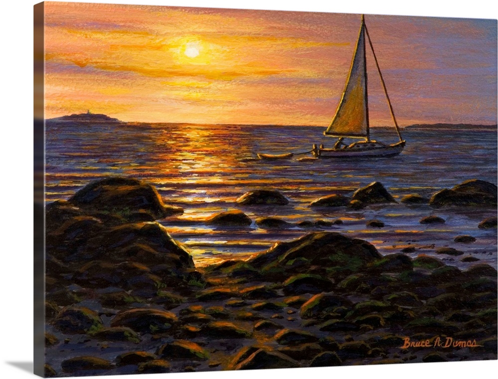 Contemporary artwork of a sailboat in the water at sunset.