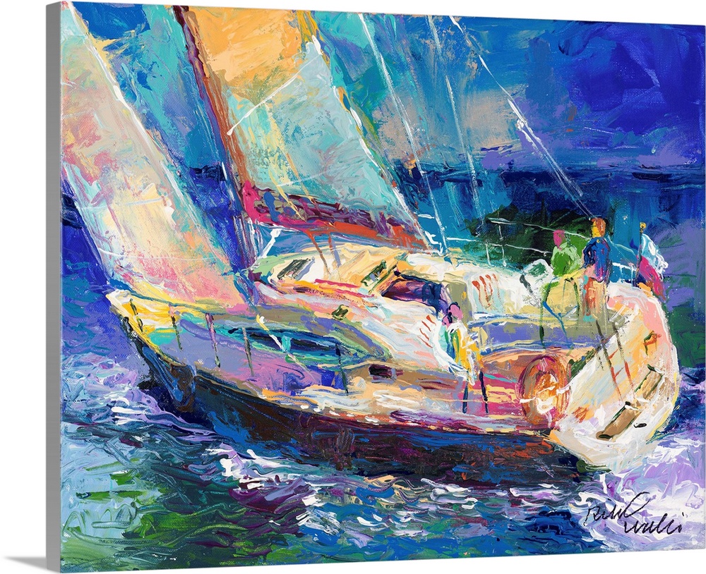 Colorful abstract painting of a sailboat in the ocean.