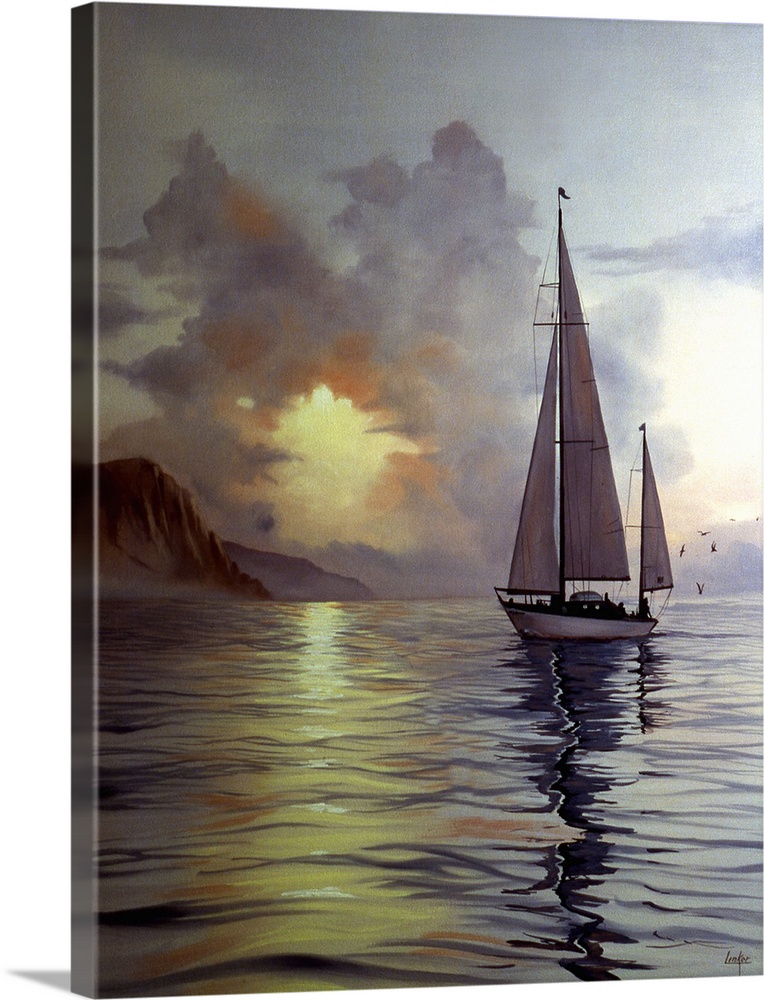 Contemporary painting of a lone sailboat on calm waters at dusk.
