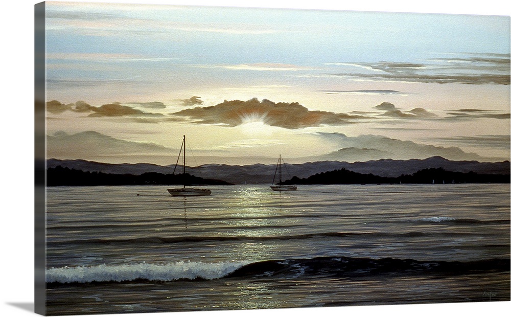 Contemporary painting of a calm shoreline at dusk, with boats in the distance.