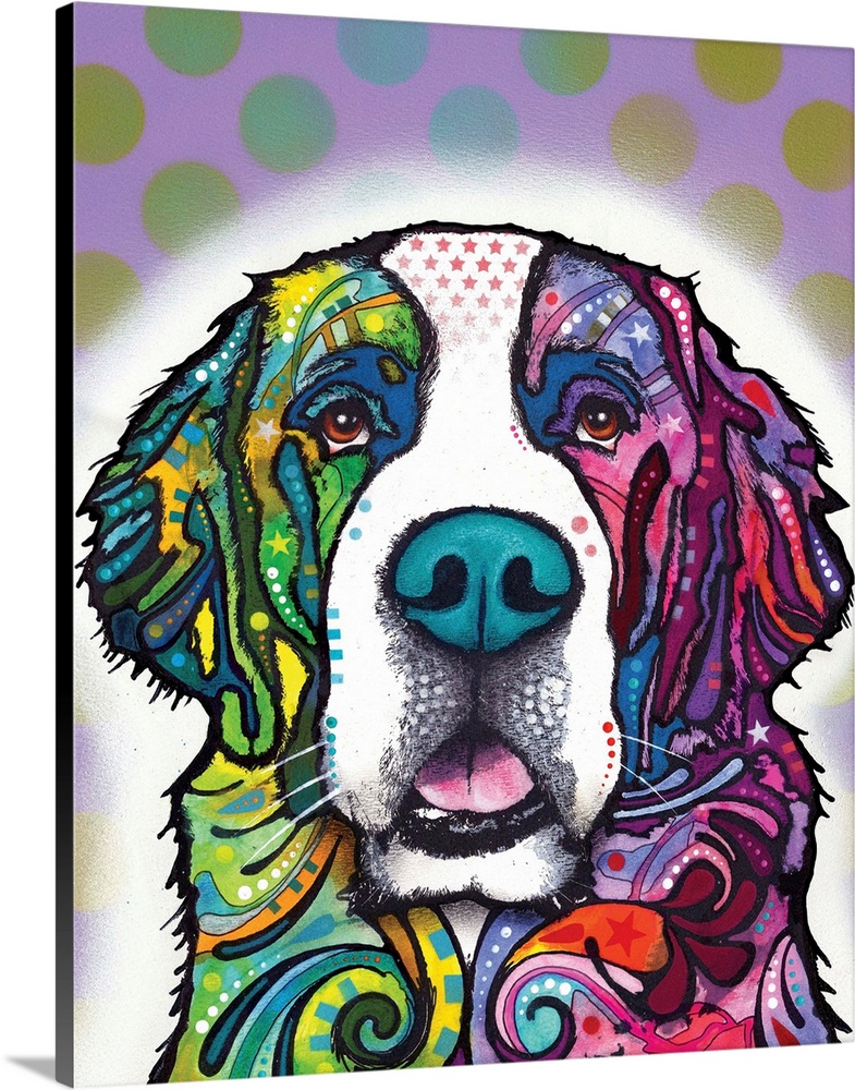 Colorful illustration of a Saint Bernard with playful designs on a purple background with blue, green, and yellow polka do...