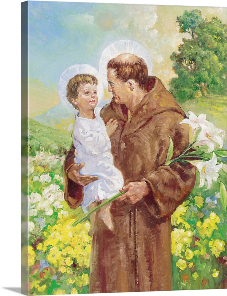 St. Francis, holding a child in a field of yellow and white flowers.