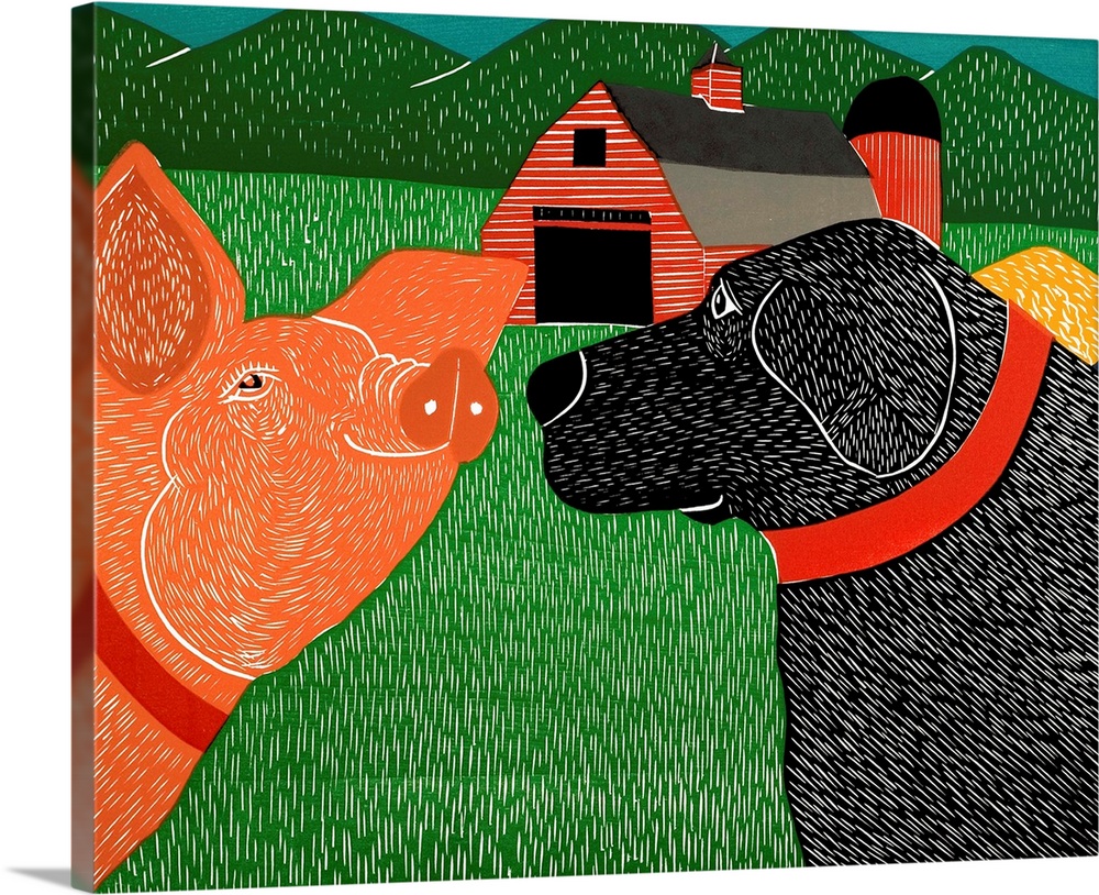 Illustration of a black lab and a pig facing each other nose to nose with a red barn in the background.