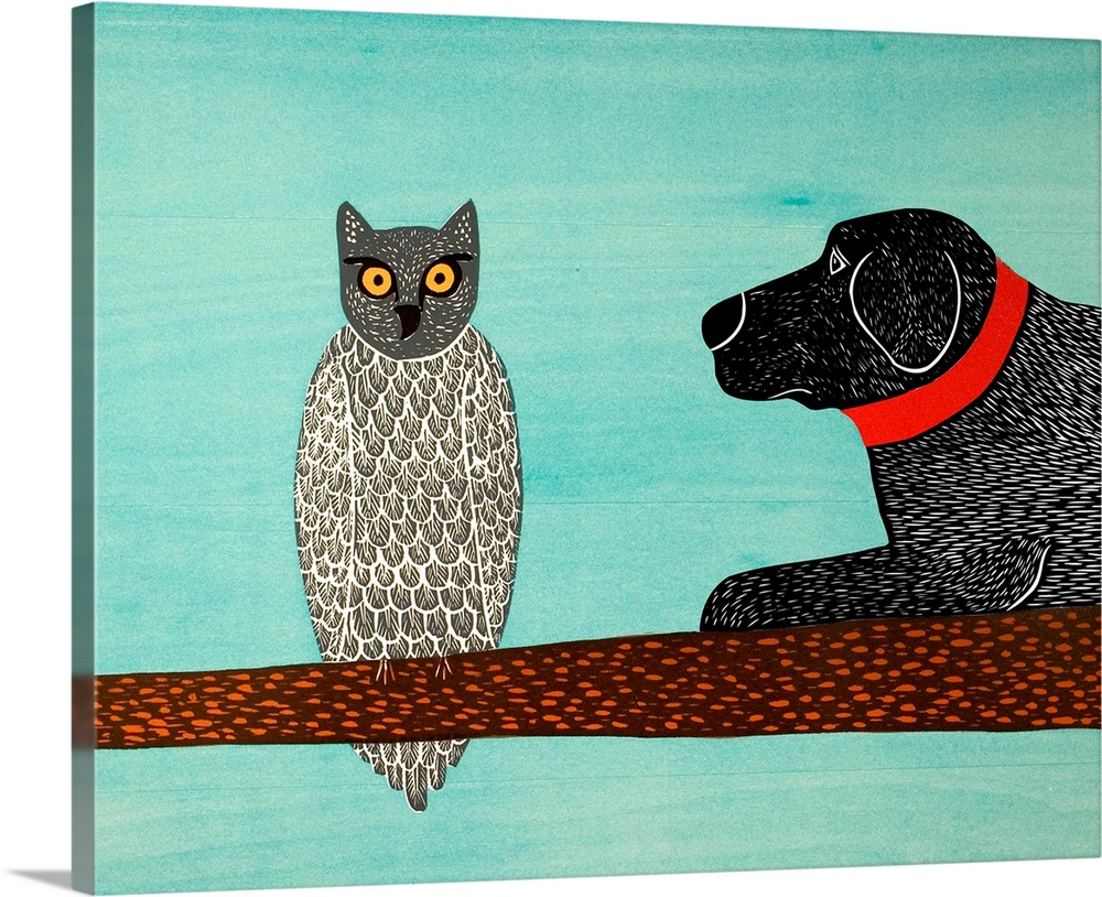 Illustration of a black lab laying on a tree branch next to an owl.